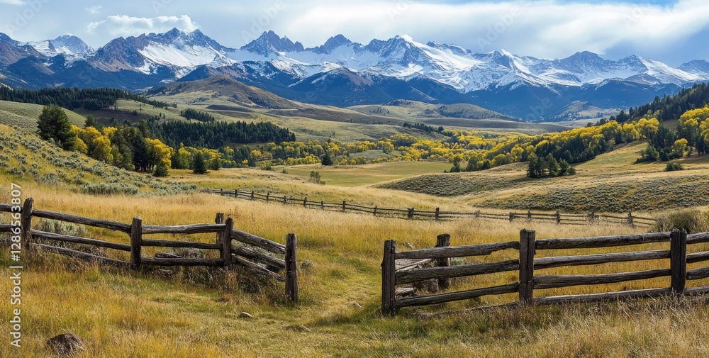 Serene Autumnal Landscape: Majestic Mountains and Golden Fields Serene Autumnal Landscape: Majestic Mountains and Golden Fields
