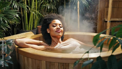 Beautiful dark skinned woman relaxing in hot tub. Spa day. Spa salon advertisement. Relaxation