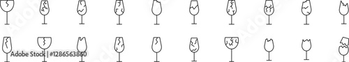 Broken Glass of Wine Line Icon Bundle. Minimalistic Linear Pictogram for Web and Graphic Design, Apps, Banners, Social Network and Cards