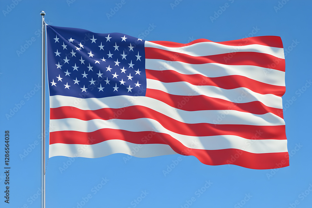 Fototapeta premium A powerful image of an American flag waving proudly in the wind with a clear blue sky background