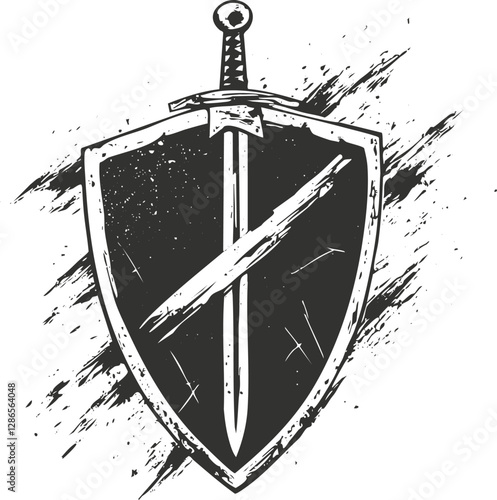 Vintage shield and sword emblem with grunge texture in black and white.