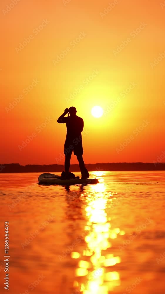 Sportive male silhouette on the orange sunset backdrop. Man practicing sup boarding on the river in summer. Vertical video Sportive male silhouette on the orange sunset backdrop. Man practicing sup boarding on the river in summer. Vertical video