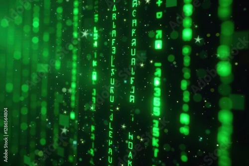 Neon green digital matrix with machine learning code, futuristic, matrix, electric