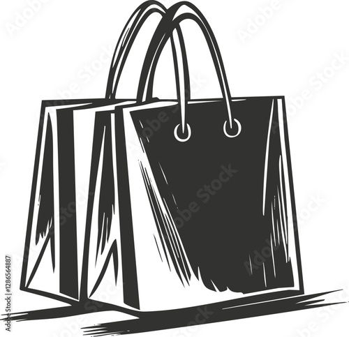 Black and white sketch illustration of shopping bags with handles.