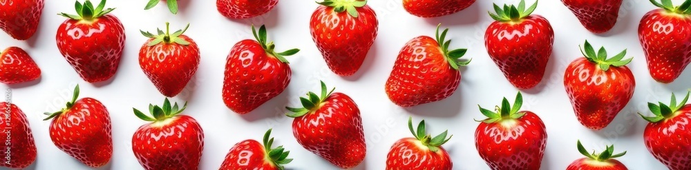 Red juicy strawberries arranged in a repeating pattern on white background , texture, garden Red juicy strawberries arranged in a repeating pattern on white background , texture, garden