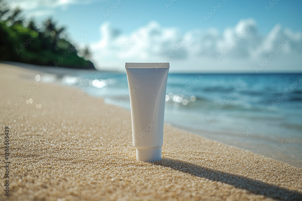 white sun cream tube on the sand of a beach against sea or ocean. mock up with a tube, cosmetic background. white sun cream tube on the sand of a beach against sea or ocean. mock up with a tube, cosmetic background.