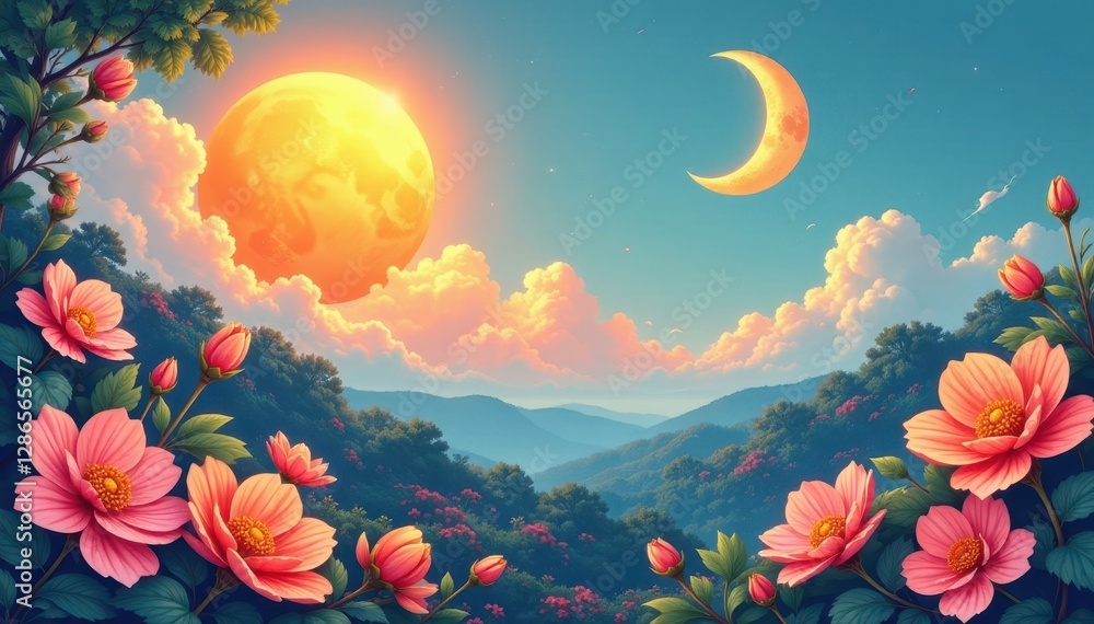 Obraz premium Stylized sun and moon intertwined with blooming flowers, pastel palette, summer, background, whimsical