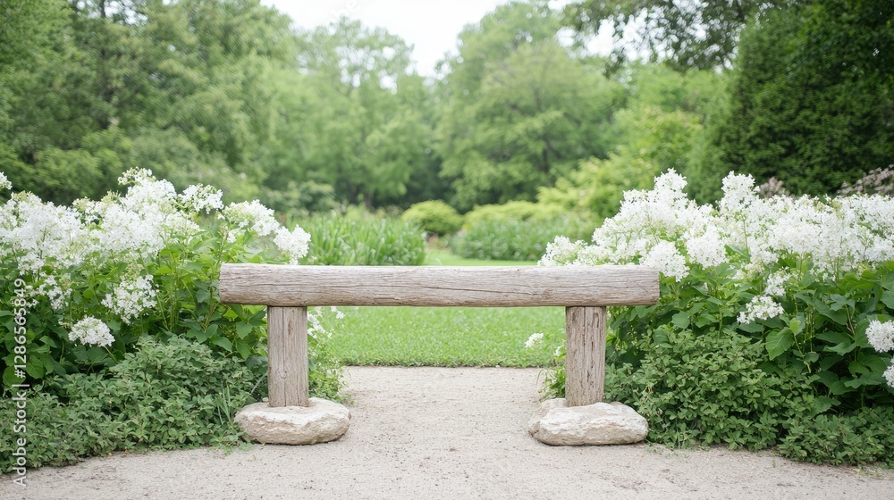 Wooden bench in garden, tranquil scene, idyllic setting. Possible use Stock photo for nature, relaxation, or parks