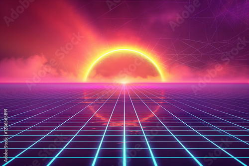 A breathtaking futuristic neon grid landscape stretching into the horizon, illuminated by a massive glowing sun in a vivid retro synthwave aesthetic 