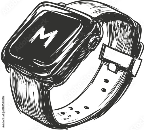 Hand-drawn sketch of a modern wristwatch with a leather strap.