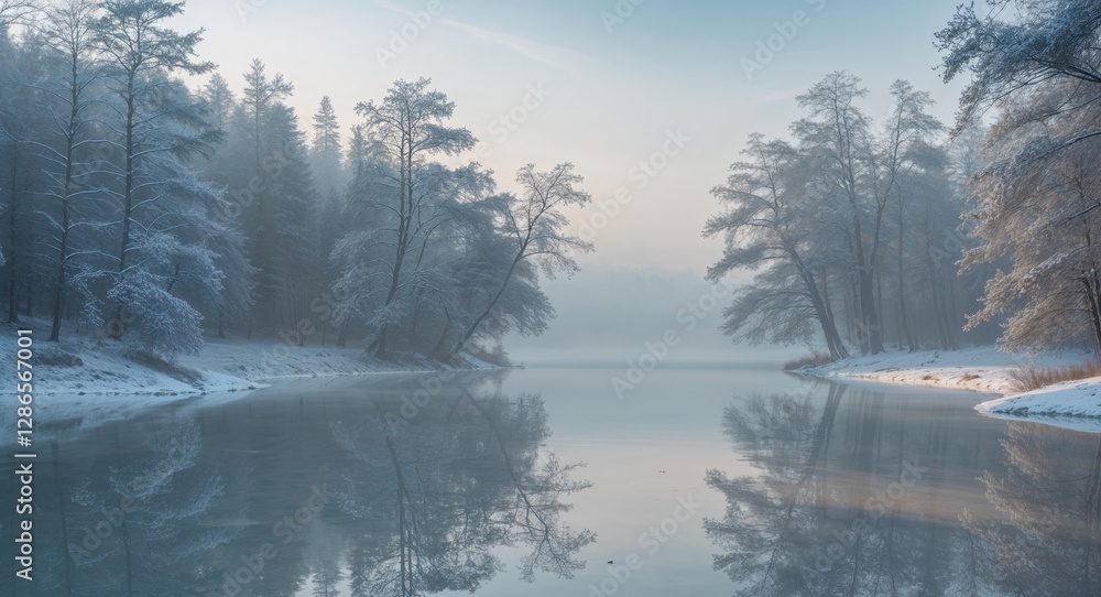 Fototapeta premium Frosty Winter Morning Reflection on Calm Lake Surrounded by Trees