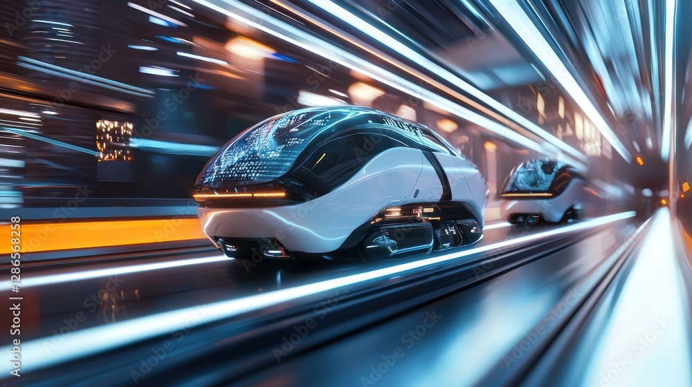 Fototapeta premium Futuristic Autonomous Vehicles Speeding Through a Neon Cityscape