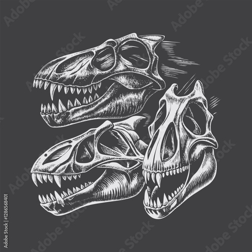 Detailed Dinosaur Skull Illustration T Rex and Carnivore Fossil Drawings in Chalk on Blackboard