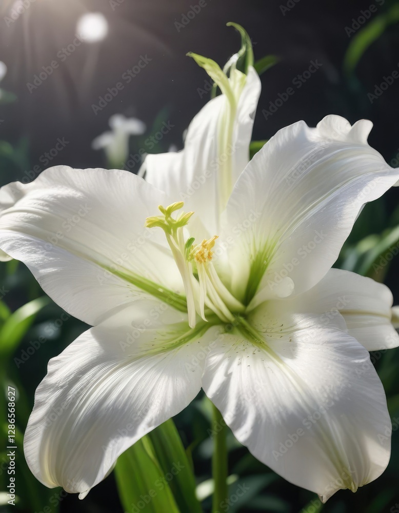 Obraz premium Vibrant white blossom of madonna lily in natural sunlight, seasonal, bright white, healthy, sunny day
