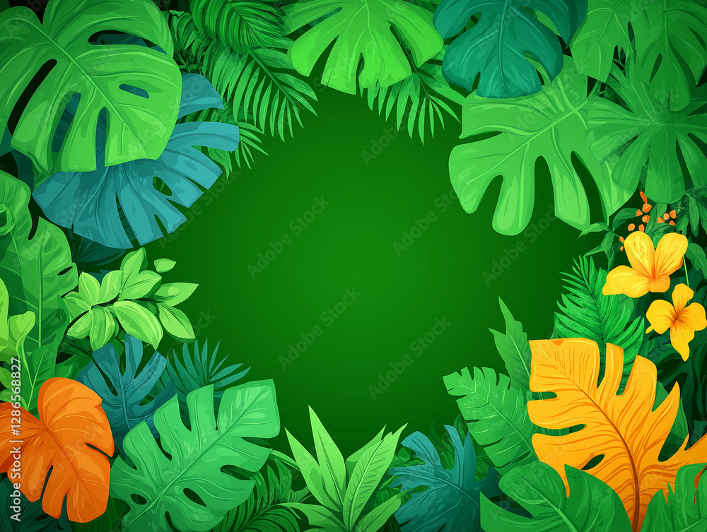 Naklejka premium Jungle Foliage Frame: A lush arrangement of vibrant green and colorful tropical leaves, creating a natural frame with an inviting empty center, suggestive of an exotic paradise.
