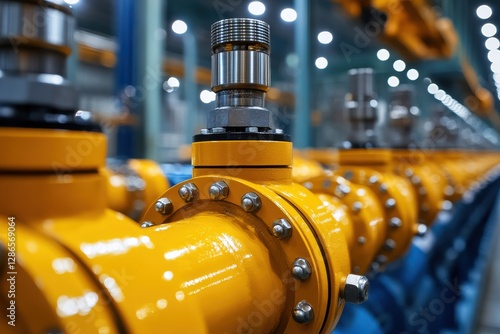 Industrial Yellow Valve with Pipe and Fittings in Modern Factory Interior
