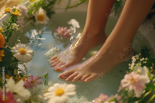 Relaxing Foot Pampering Session Spa Environment Lifestyle Photography Floral Decor Tranquil Ambiance