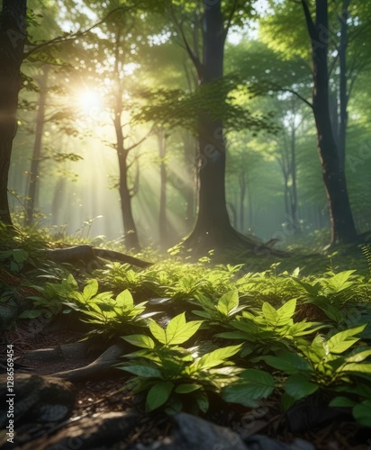 Wallpaper Mural vibrant green leaves scattered on forest floor with sunlight filtering through, forest floor, leafy groundcover Torontodigital.ca