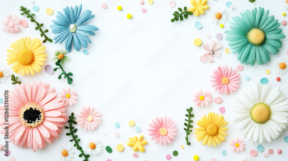 Floral Flourish: An eye-level shot showcasing an artistic arrangement of colorful paper flowers, sprinkled with confetti, creates a cheerful and vibrant frame. Floral Flourish: An eye-level shot showcasing an artistic arrangement of colorful paper flowers, sprinkled with confetti, creates a cheerful and vibrant frame.