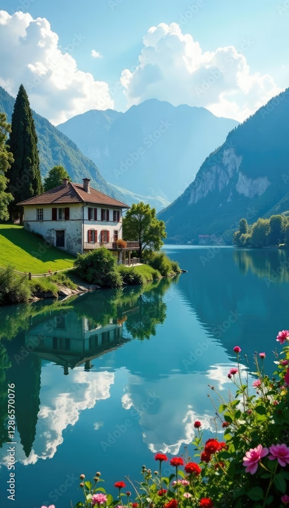 Naklejka premium Villa sulla riva del lago con acqua specchiata, paesaggio, lago, riflessi