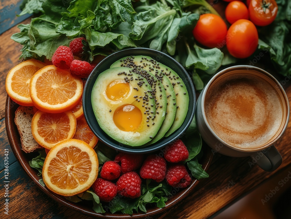 Healthy breakfast artfully arranged on a wooden table Healthy breakfast artfully arranged on a wooden table