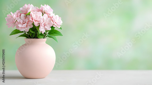 Pink flowers vase spring bokeh background greeting card