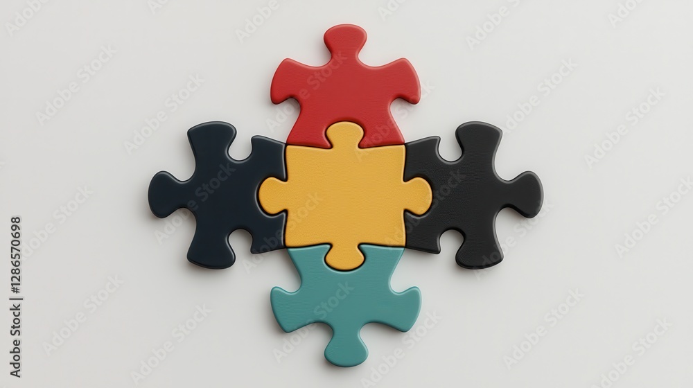 A colorful arrangement of puzzle pieces on a light background, showcasing interlocking shapes in red, yellow, black, and teal. A colorful arrangement of puzzle pieces on a light background, showcasing interlocking shapes in red, yellow, black, and teal.