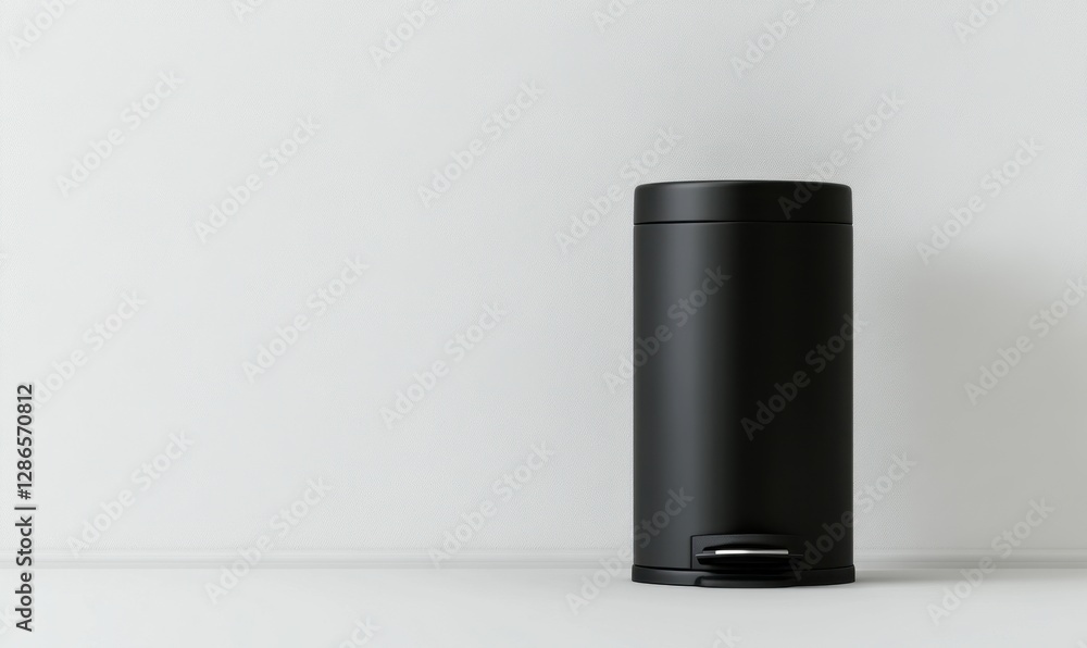 Black trash can against a white wall, ideal for waste disposal concepts Black trash can against a white wall, ideal for waste disposal concepts