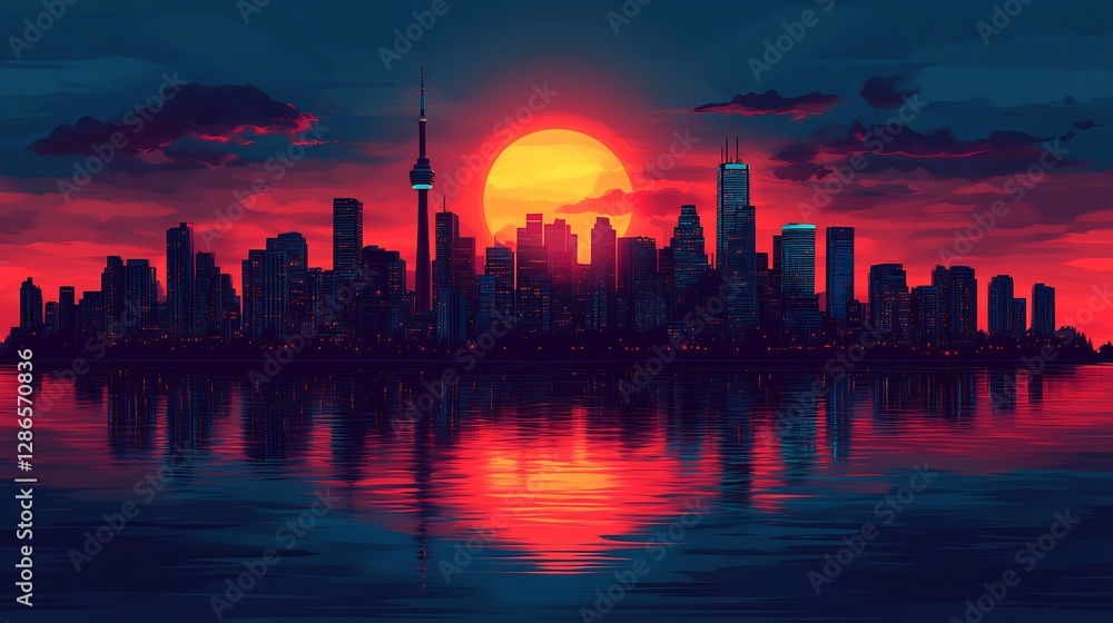 Fototapeta premium Fiery sunset dramatically illuminates city skyline reflected in calm water. AI Generated