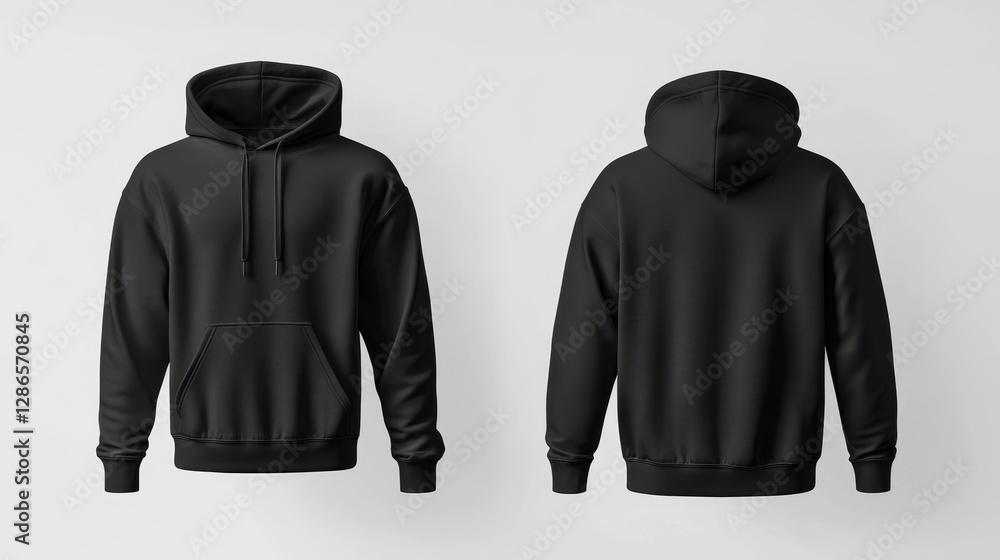 Black hoodie mockup front and back template on white background Black hoodie mockup front and back template on white background
