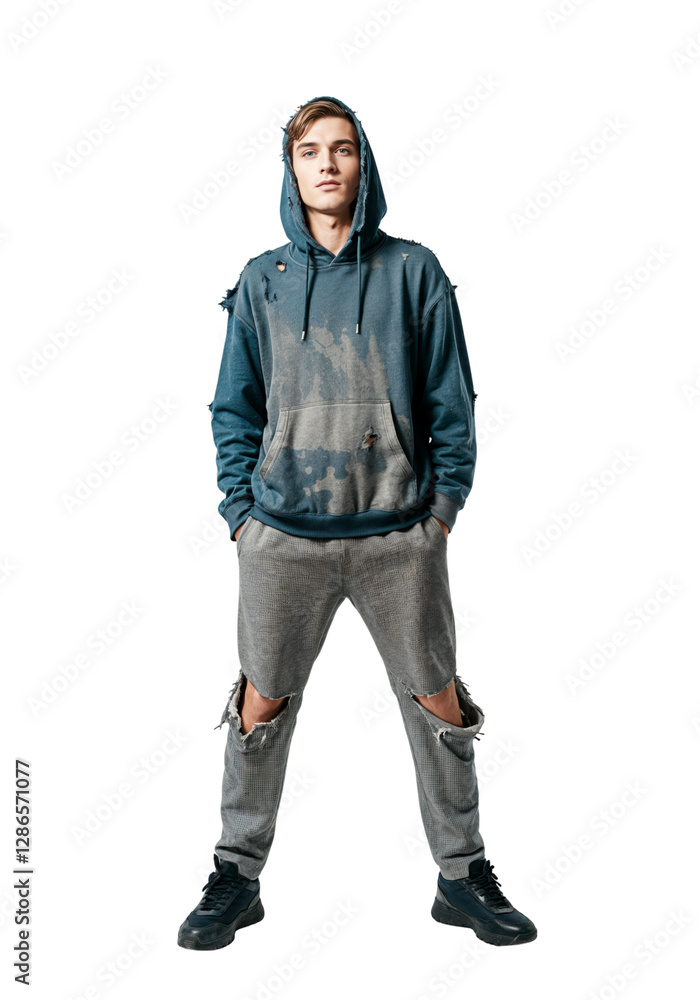 Young man in dirty torn clothing stands confidently on a white background Young man in dirty torn clothing stands confidently on a white background