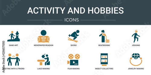 set of 10 outline web activity and hobbies icons such as sand art, newspaper readign, skiing, beatboxing, jogging, meeting with a friend, lace making vector icons for report, presentation, diagram,