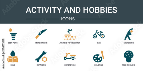 set of 10 outline web activity and hobbies icons such as beer pong, knife making, jumping to the water, bmx, exercising, read, repairing vector icons for report, presentation, diagram, web design,