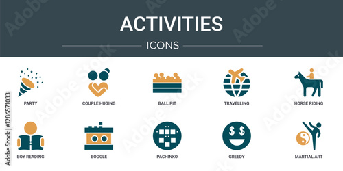 set of 10 outline web activities icons such as party, couple huging, ball pit, travelling, horse riding, boy reading, boggle vector icons for report, presentation, diagram, web design, mobile app