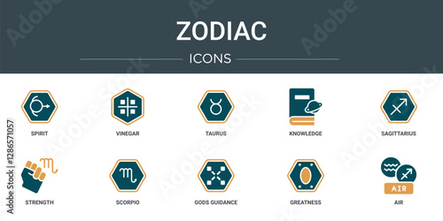 set of 10 outline web zodiac icons such as spirit, vinegar, taurus, knowledge, sagittarius, strength, scorpio vector icons for report, presentation, diagram, web design, mobile app