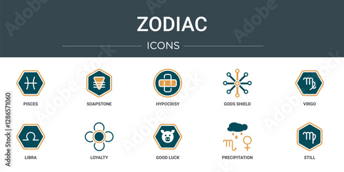 set of 10 outline web zodiac icons such as pisces, soapstone, hypocrisy, gods shield, virgo, libra, loyalty vector icons for report, presentation, diagram, web design, mobile app
