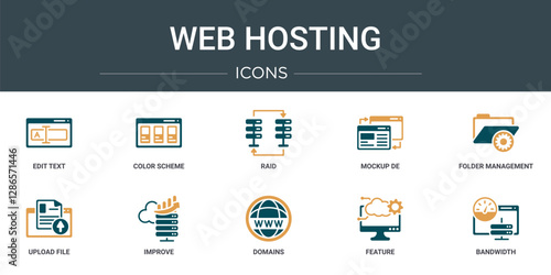 set of 10 outline web web hosting icons such as edit text, color scheme, raid, mockup de, folder management, upload file, improve vector icons for report, presentation, diagram, web design, mobile