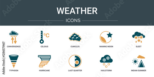 set of 10 outline web weather icons such as convergence, celsius, cumulus, waning moon, sleet, typhoon, hurricane vector icons for report, presentation, diagram, web design, mobile app