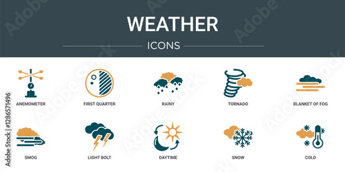 set of 10 outline web weather icons such as anemometer, first quarter, rainy, tornado, blanket of fog, smog, light bolt vector icons for report, presentation, diagram, web design, mobile app