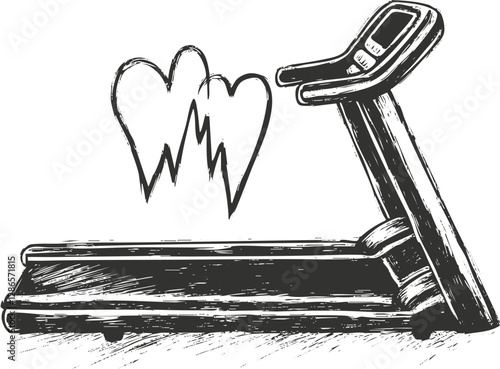 Sketch of a treadmill with heart symbols, representing fitness and health.
