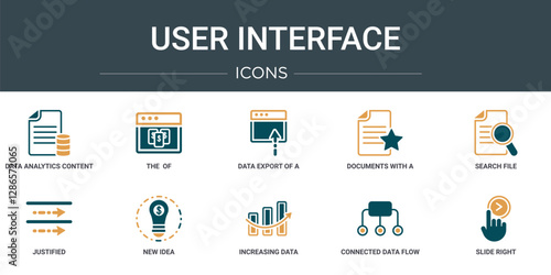 set of 10 outline web user interface icons such as data analytics content, the  of, data export of a window with an arrow, documents with a star, search file, justified, new idea vector icons for