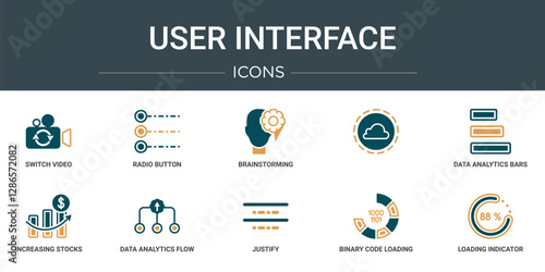 set of 10 outline web user interface icons such as switch video, radio button, brainstorming,  , data analytics bars, increasing stocks, data analytics flow chart vector icons for report,
