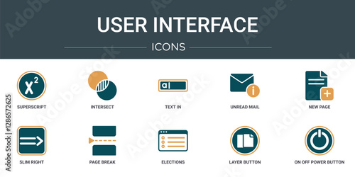 set of 10 outline web user interface icons such as superscript, intersect, text in, unread mail, new page, slim right, page break vector icons for report, presentation, diagram, web design, mobile