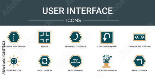 set of 10 outline web user interface icons such as up arrow with broken lines, reduce, spinning left arrow, curved downward arrow, two arrows pointing right and left, solar recycle, update vector