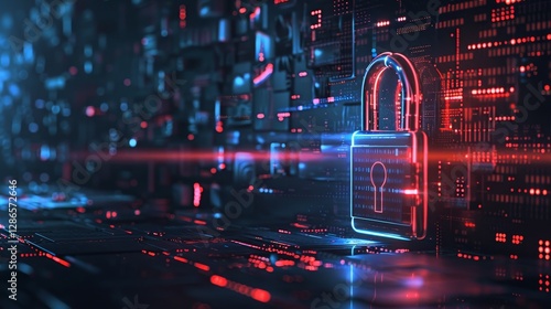 Cyber Security Neon Lock on Digital Circuitry, digital art, cybersecurity , lock , circuitry