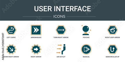 set of 10 outline web user interface icons such as left curve, arrowheads, turn right arrow with broken line, psychic, right loop arrow, down right arrow, vector icons for report, presentation,