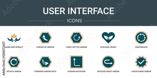 set of 10 outline web user interface icons such as hand and sprout, curved up arrow, curly dotted arrow, ecologic heart, continuous, rotate arrow, forward with broken line vector icons for report,