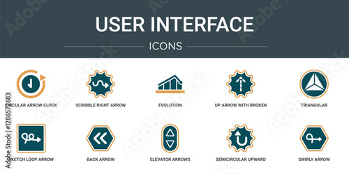 set of 10 outline web user interface icons such as circular arrow clock, scribble right arrow, evolution, up arrow with broken line, triangular, sketch loop back vector icons for report,