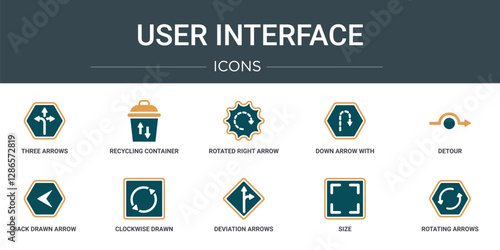 set of 10 outline web user interface icons such as three arrows, recycling container, rotated right arrow with broken line, down arrow with broken lines, detour, back drawn arrow, clockwise drawn