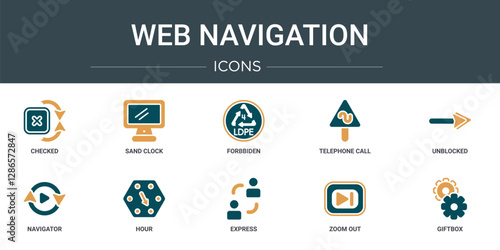 set of 10 outline web web navigation icons such as checked, sand clock, forbbiden, telephone call, unblocked, navigator, hour vector icons for report, presentation, diagram, web design, mobile app